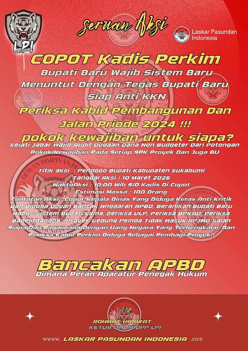 Laskar Pasundan Indonesia (LPI) kembali menggelar aksi lanjutan menuntut transparansi dan pertanggungjawaban atas mangkraknya pembangunan Gedung Pemda Kabupaten Sukabumi.