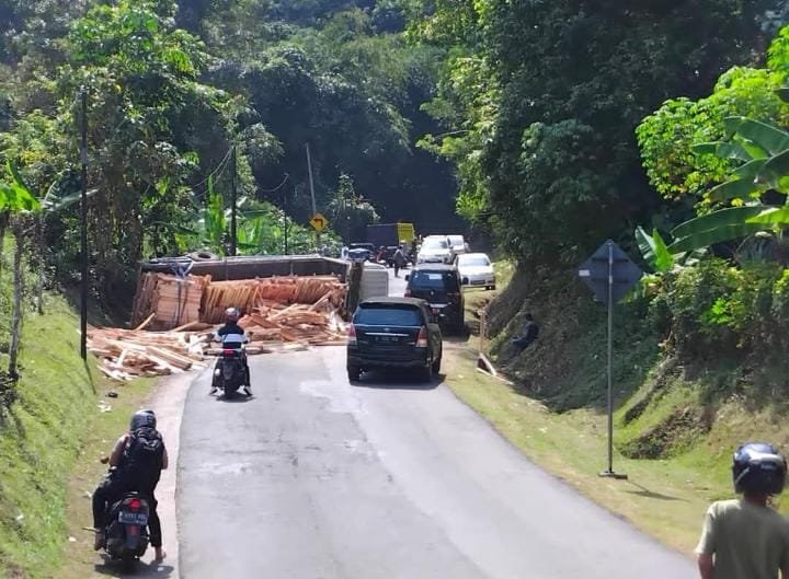 Truk bermuatan kayu palet terguling di Jalur Buniwangi-Cikidang